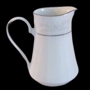 White Creamer Pitcher Crown Ming Fine China Silver Trim Acanthus Leaf 4.5 inches
